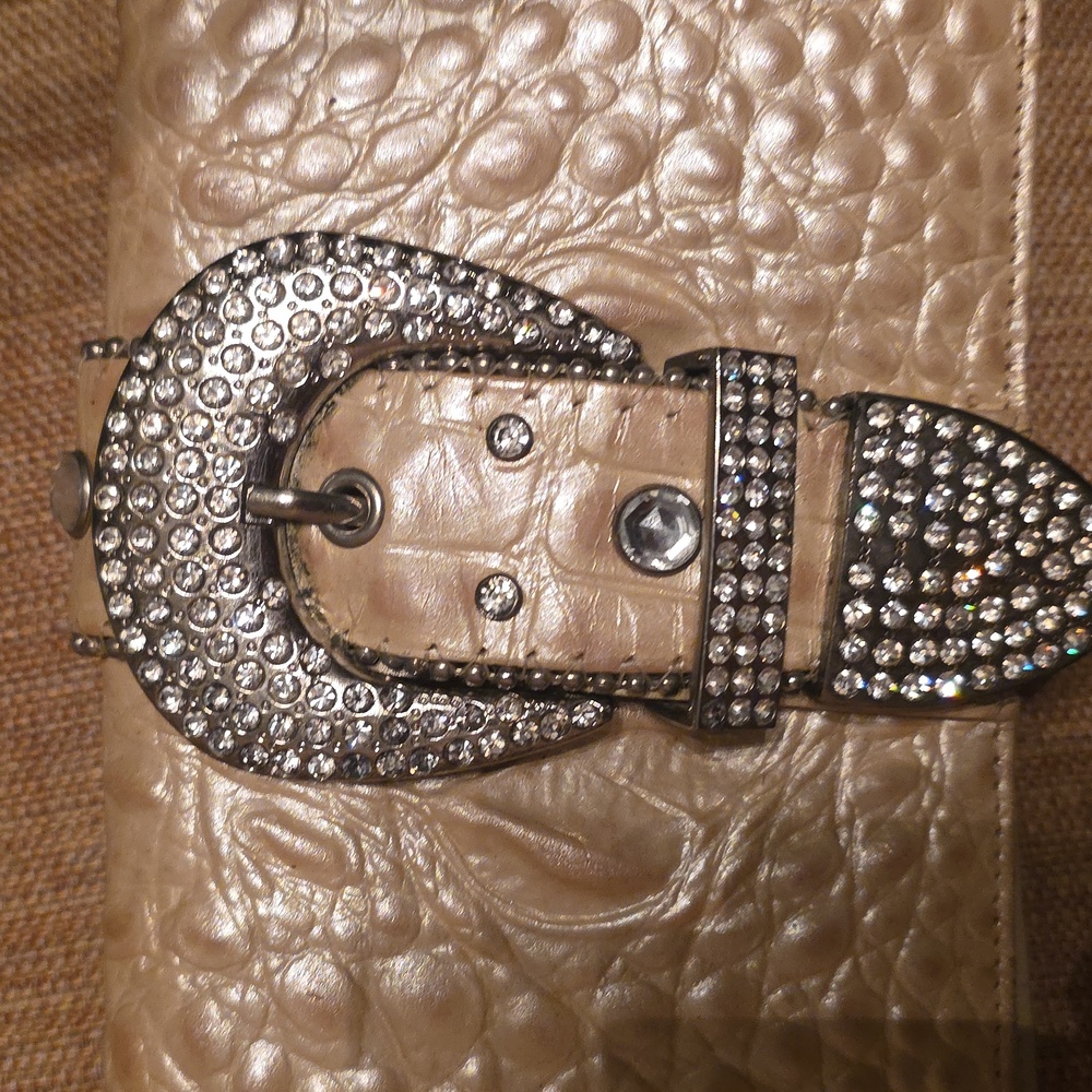 "CHARM AND LUCK" Crocodile Embossed Tan Clutch with Rhinestone Buckle